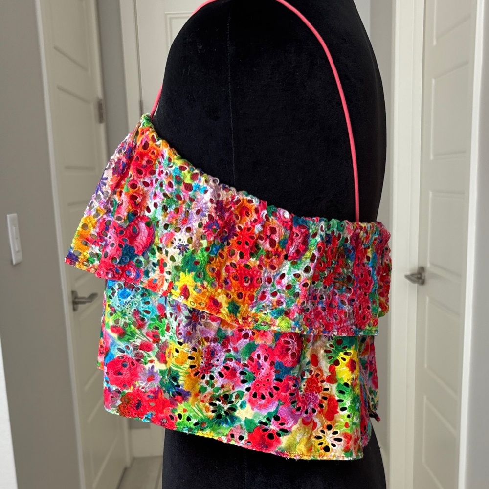 Alice + Olivia Multi-Color Floral Eyelet Ruffle Crop Tube Top Size 0 NWT - Picture 4 of 16